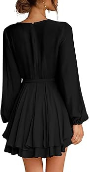 Cosonsen Women's Dress Deep V-Neck Long Sleeve Waist Tie Ruffle Mini Swing Skater Dresses | Amazon (US)