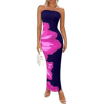 PRETTYGARDEN Women Summer Strapless Maxi Dress Bodycon Floral Sexy Long Wedding Guest Dress Forma... | Amazon (US)