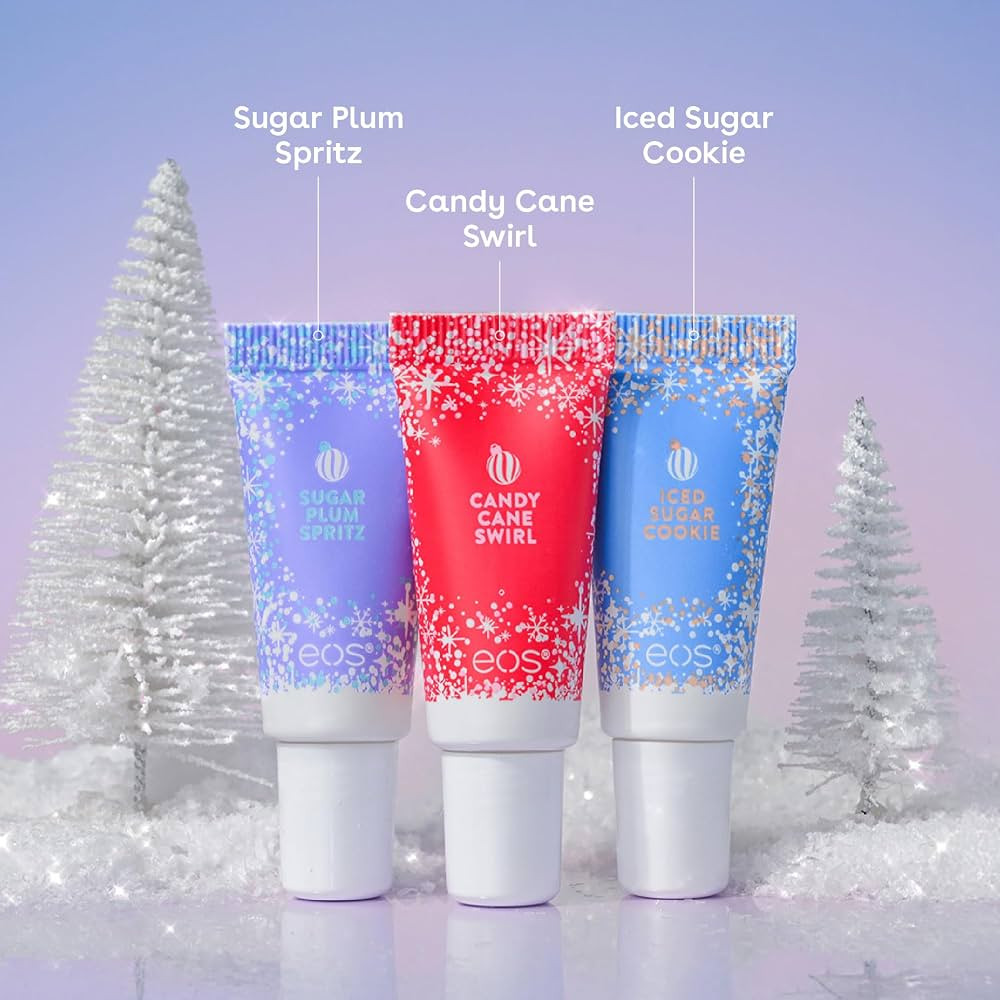 eos Holiday 24H Moisture Mini Super Balm Set, Sugar Plum Spritz, Candy Cane Swirl, Iced Sugar Coo... | Amazon (US)