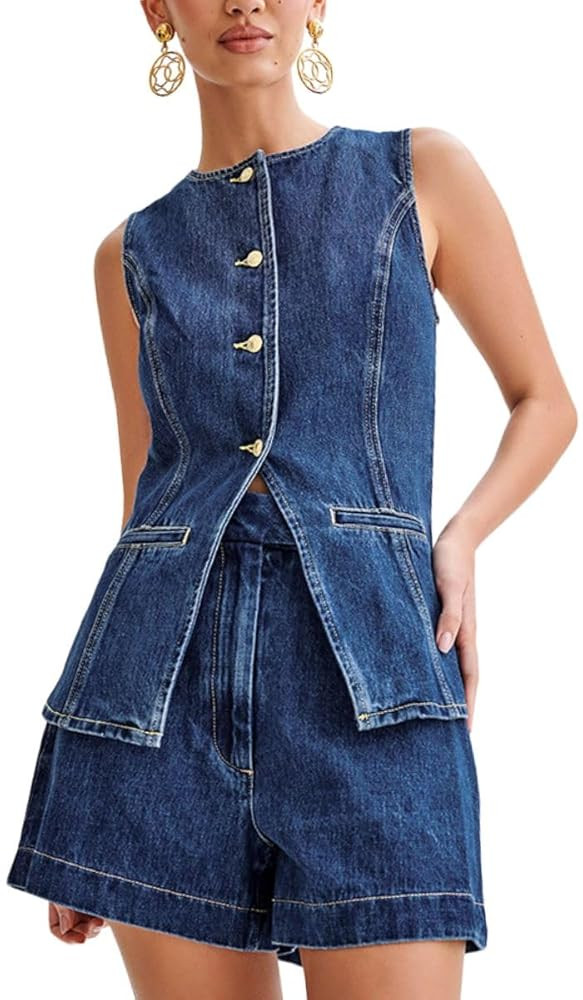 ELFTOWN Women's Denim 2 Piece Outfits Casual Button Down Sleeveless Top Trendy High Waist Jean Sh... | Amazon (US)