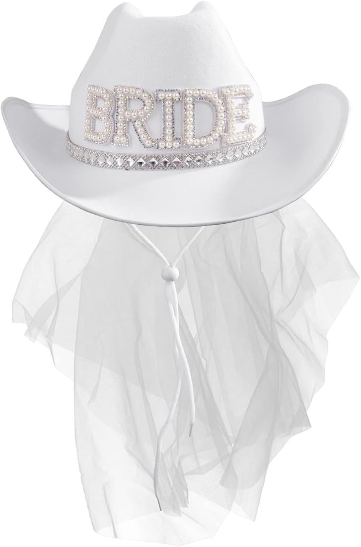 MGupzao Bridal Cowboy Hat and Veil Bachelorette Party,White Cowgirl Hat Wedding Bridal Shower Dec... | Amazon (US)