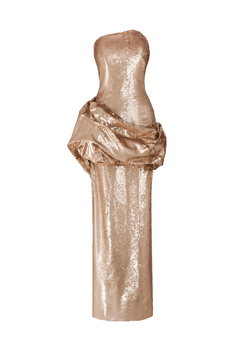 COOPER SEQUIN LONG DRESS WITH DRAPING WAIST BUMP | Phan Huy | CULT MIA | CULT MIA UK LTD
