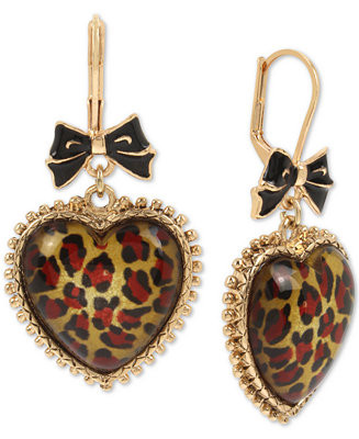 Betsey Johnson Gold-Tone Leopard Animal-Print Heart Drop Earrings  - Macy's | Macy's