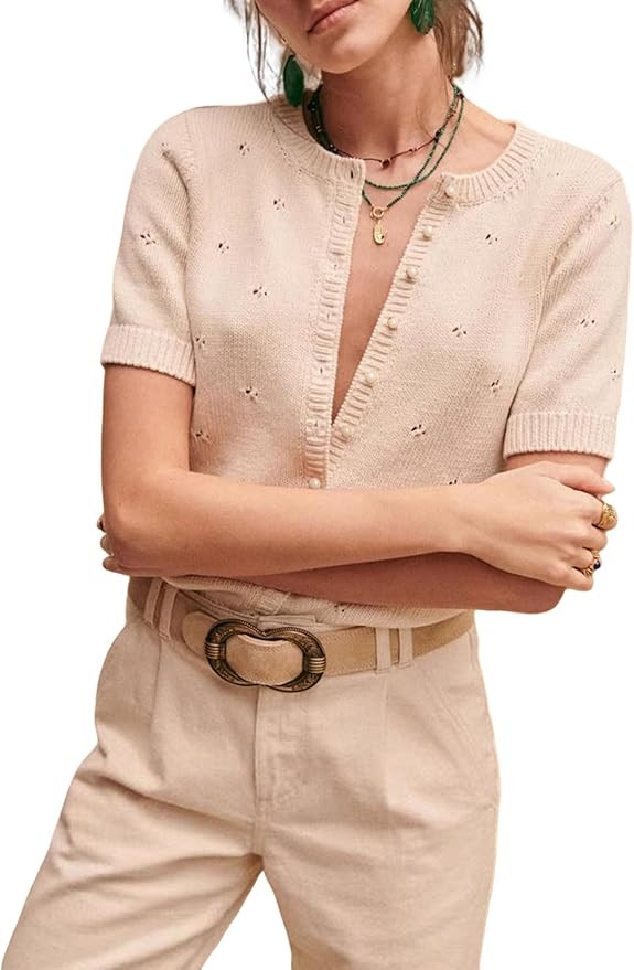 Women's Casual Short Sleeve Crewneck Button Down Cardigan Sweater Crochet Knit Top | Amazon (US)