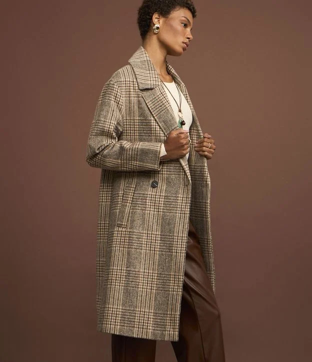 Casaco Trench Coat em Polivelour Xadrez Marrom - Lojas Renner | Renner (BR)