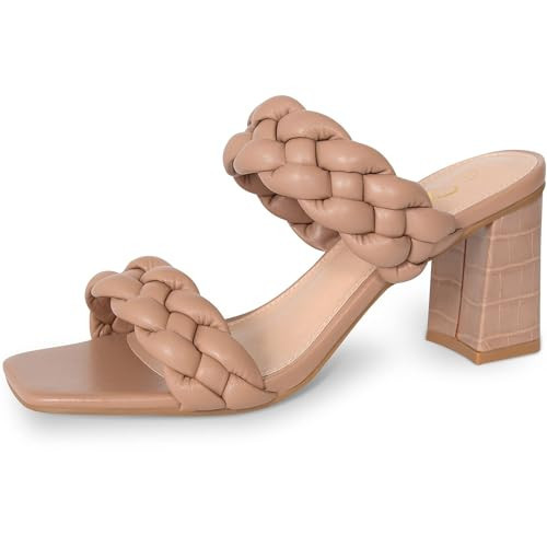 Athlefit Women's Braided Heeled Sandals Fashion Square Open Toe Comfortable Slip on Block Nude Heels Size 5.5 | Amazon (US)