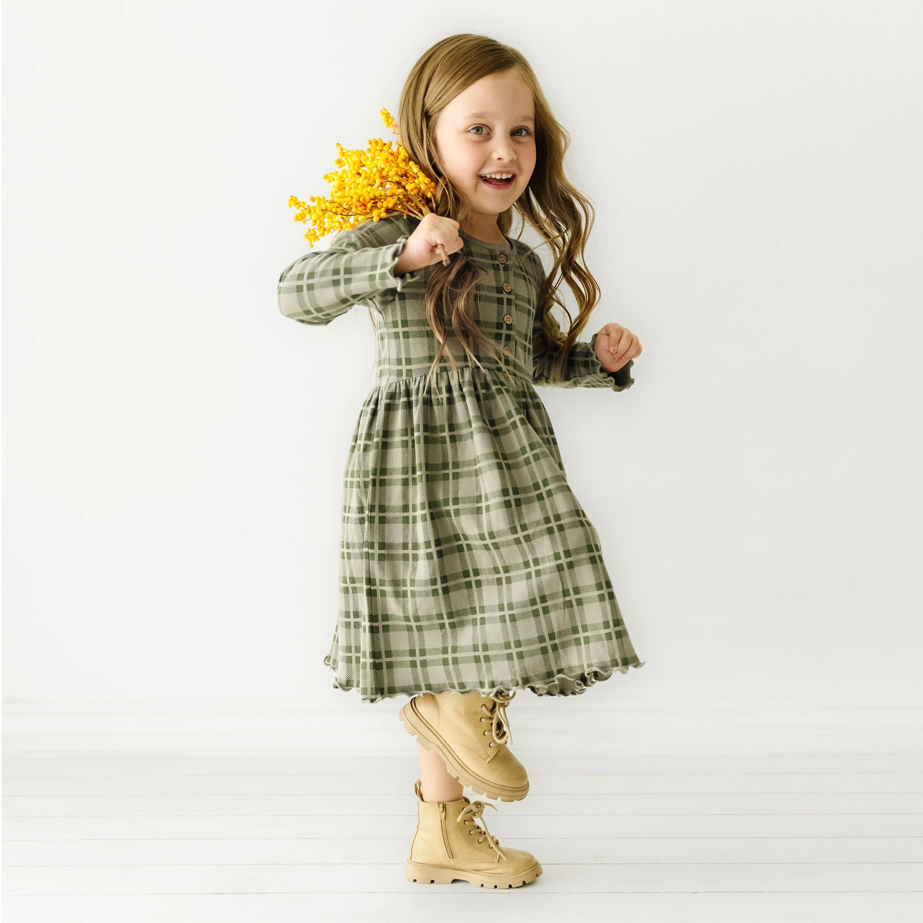 Organic Long Sleeve Twirl Dress - Plaid | Makemake Organics | Makemake Organics