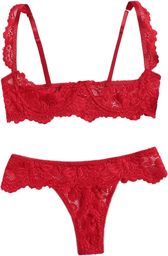 SheIn Women's Sheer Lace Embroidered Two Piece Ruffle Strap Cut Out Lingerie Set | Amazon (US)
