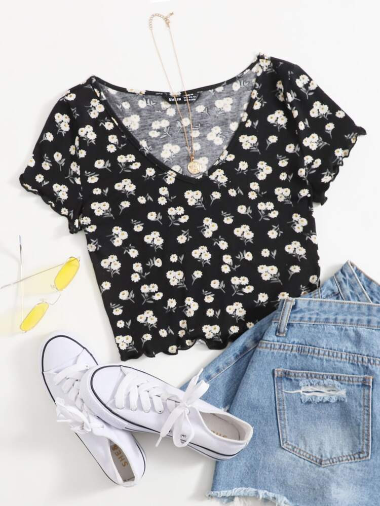 SHEIN Floral Lettuce Trim Tee | SHEIN