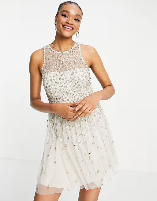 French Connection Elin embellished sequin mini dress in cream | ASOS (Global)