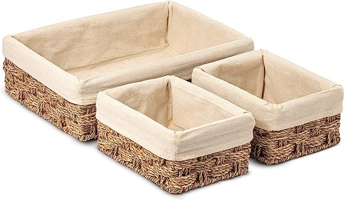 HOMESCAPE CREATIONS Woven Wicker Seagrass Tray Basket | Handmade Bathroom Kitchen Shelf Organizer... | Amazon (US)