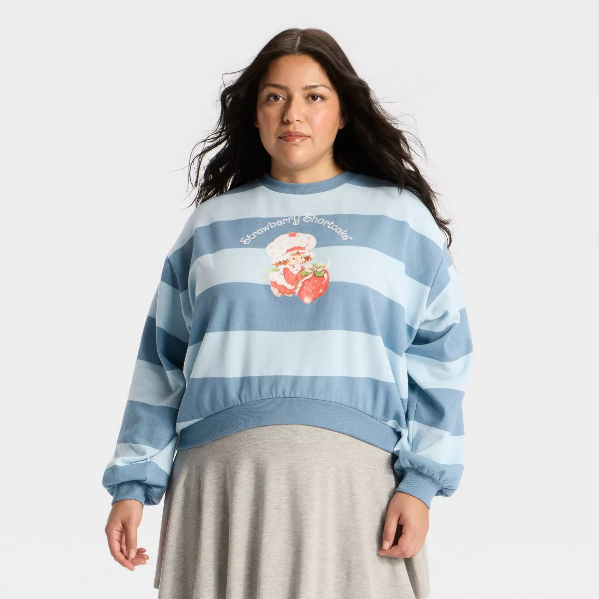 Women's Strawberry Shortcake Striped Cropped Fleece Graphic Sweatshirt - Light Blue | Target
