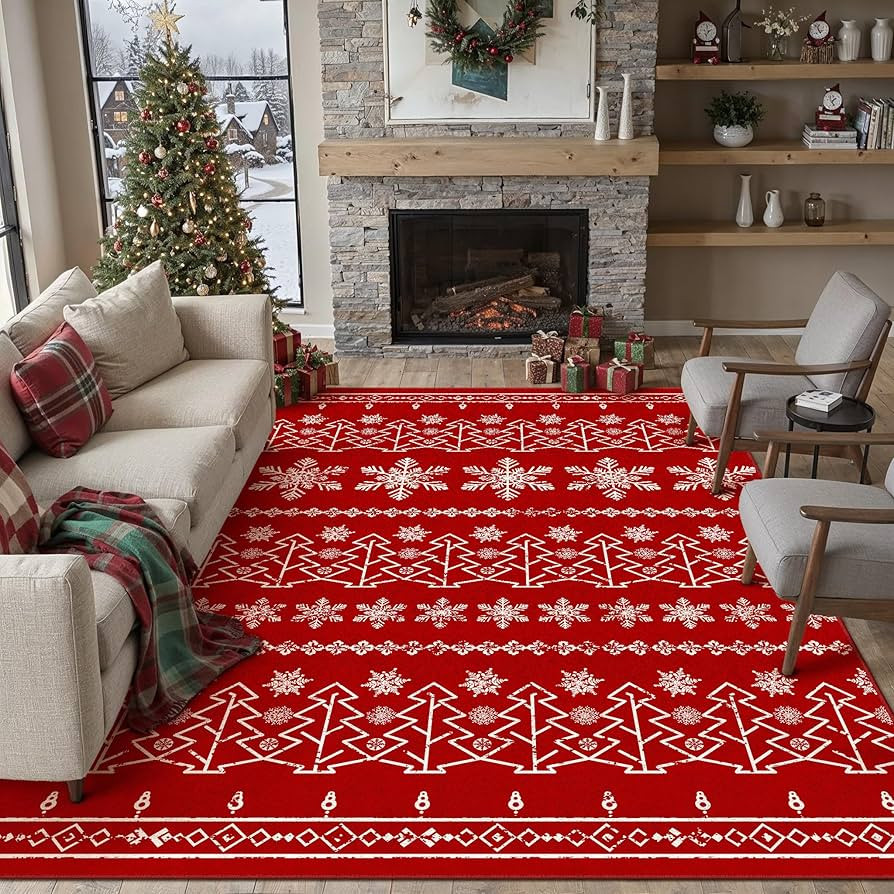 Christmas Area Rug 8x10 Red Washable Living Room Carpet Xmas Snowflake Holiday Decor Indoor Bedro... | Amazon (US)