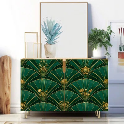 Narrow 35.4'' Wide Sideboard Buffet Cabinet - 2-Door Accent Storage Cabinet With Seamless golden elements deep green Fabric print Print And Metal Legs | Wayfair North America