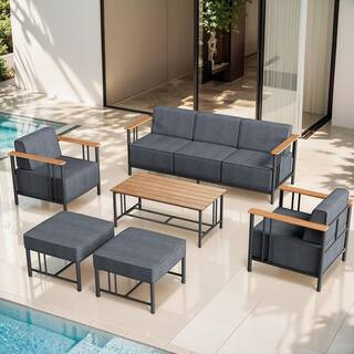 BoulderSeat Black Metal Patio Conversation Set with 10 in. Thick Olefin Dark Gray Cushions Patio Lounge Chairs (6-Piece) | The Home Depot