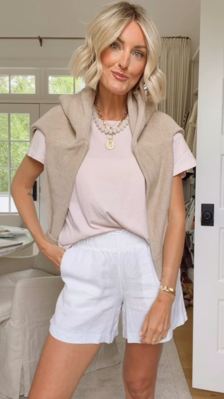 This is such an easy look - a classic tee with these white linen shorts! You really could do any color tee, but I love this light pink one! Wearing S!

Loverly Grey, quince, spring outfit, spring staples, white linen shorts, cardigan 

#LTKSeasonal