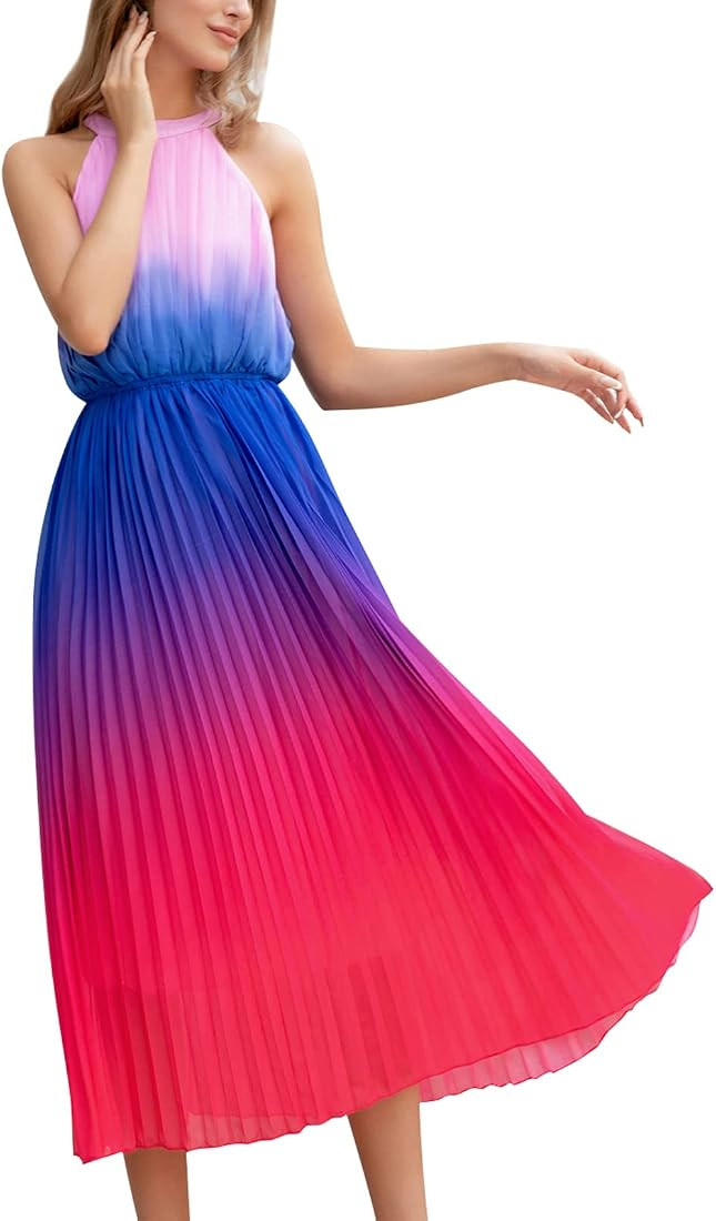 Paintcolors Women's Halter Sleeveless Pleated Long Maxi Dress Backless Ombre Summer Beach Chiffon... | Amazon (US)