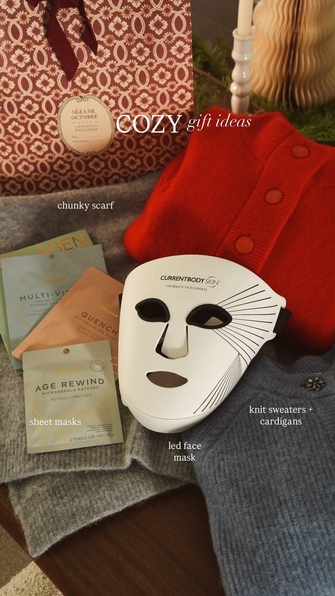 Cozy gift guide of things I’m actually gifting that I have and love. Chunky, knit sweaters and cardigans for my mom and mother in law, scarf for my friends, face masks for selfcare and my favorite LED face mask. 

#LTKselfcare #LTKGiftGuide #LTKFindsUnder50