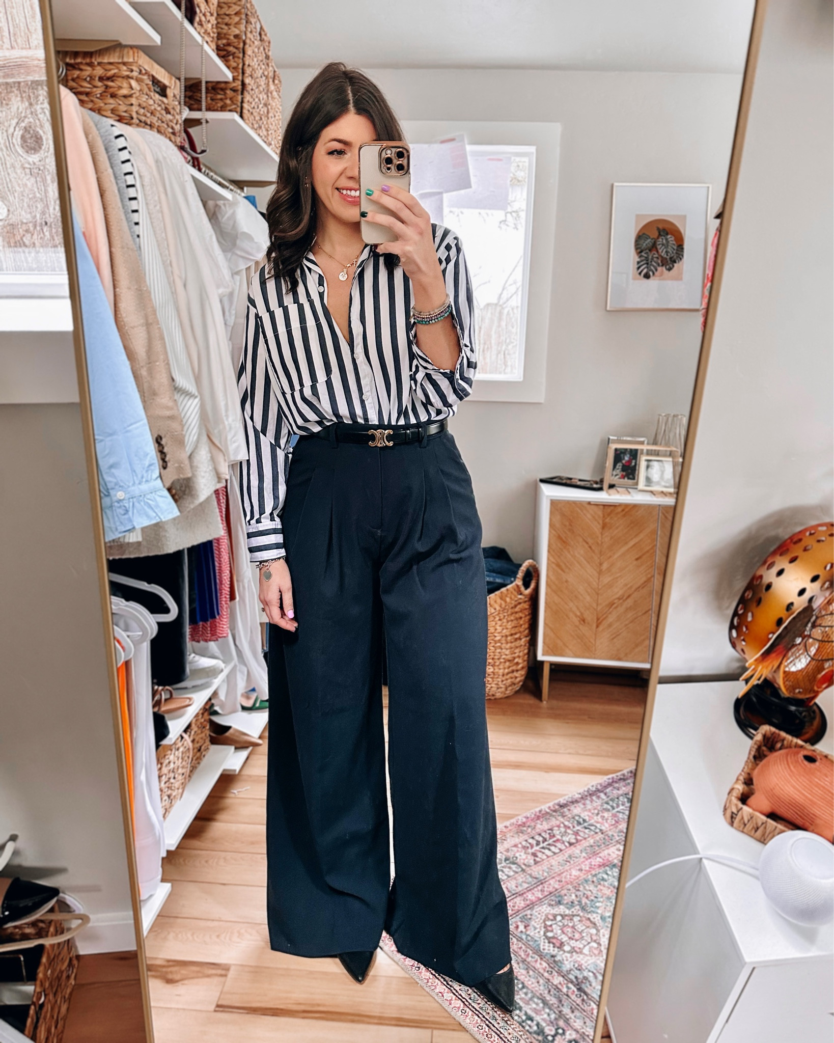 Workwear outfits
Striped blouse-small (runs huge)
Wide leg pant-8 tall
Pointed toe shoes-tts
Belt is from a street vendor - added similar 

#LTKsalealert #LTKFind #LTKworkwear