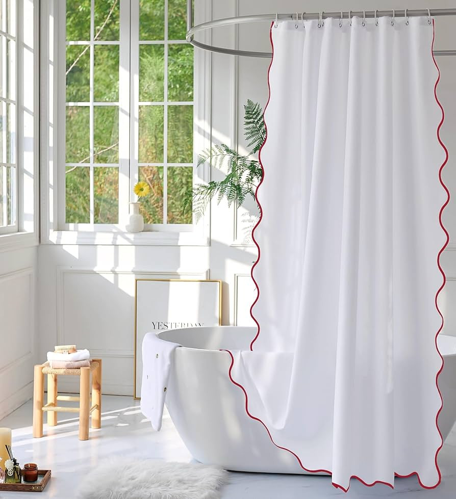 White Fabric with Red Scalloped Border Shower Curtain,Boho Chic Cloth Shower Curtain for Bathroom... | Amazon (US)