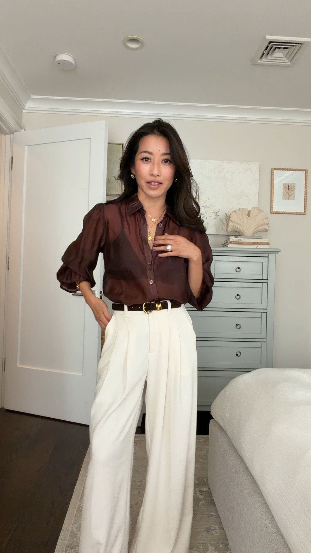 Sheer Blouse XS petite, belt xxs, pants XXS regular hemmed but now they have petite! Pants are soo soft and comfy, love the wider cut.
