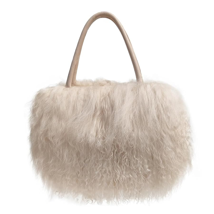 Women Luxury Real Lamb Mongolian Flush Wool Fur With Genuine Leather Handles Handbag | Amazon (US)