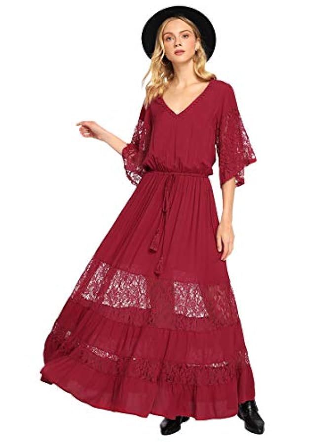 Milumia Women's Bohemian Drawstring Waist Lace Splicing White Long Maxi Dress | Amazon (US)