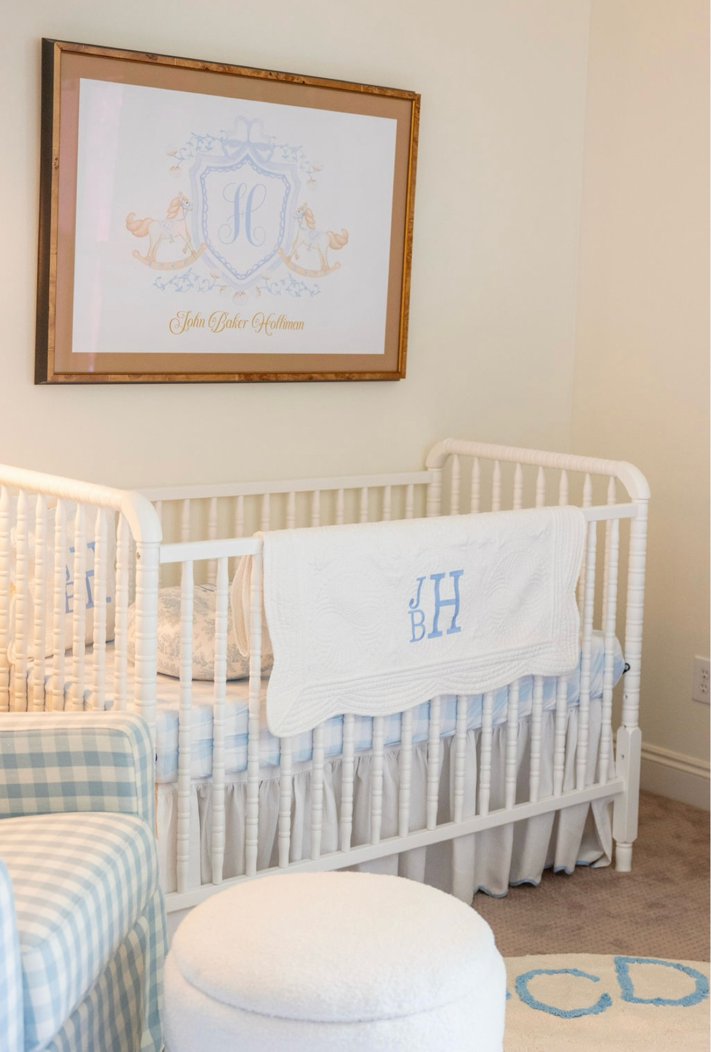 Baby Boy Grandmillennial Nursery
Jenny Lind Crib
Blue Toile 
Biscuit Home Crib Skirt 
Name sake glider 
Blue Gingham glider 
Nursery decor 

#LTKHome #LTKBaby #LTKBump