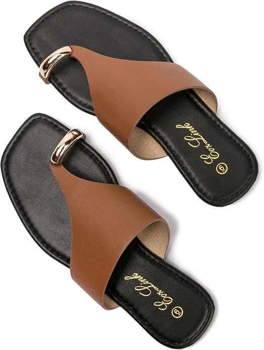 Eozlink Women's Toe Ring Flat Sandals, Slip On Dressy Summer Slides | PU upper with square toe an... | Amazon (US)