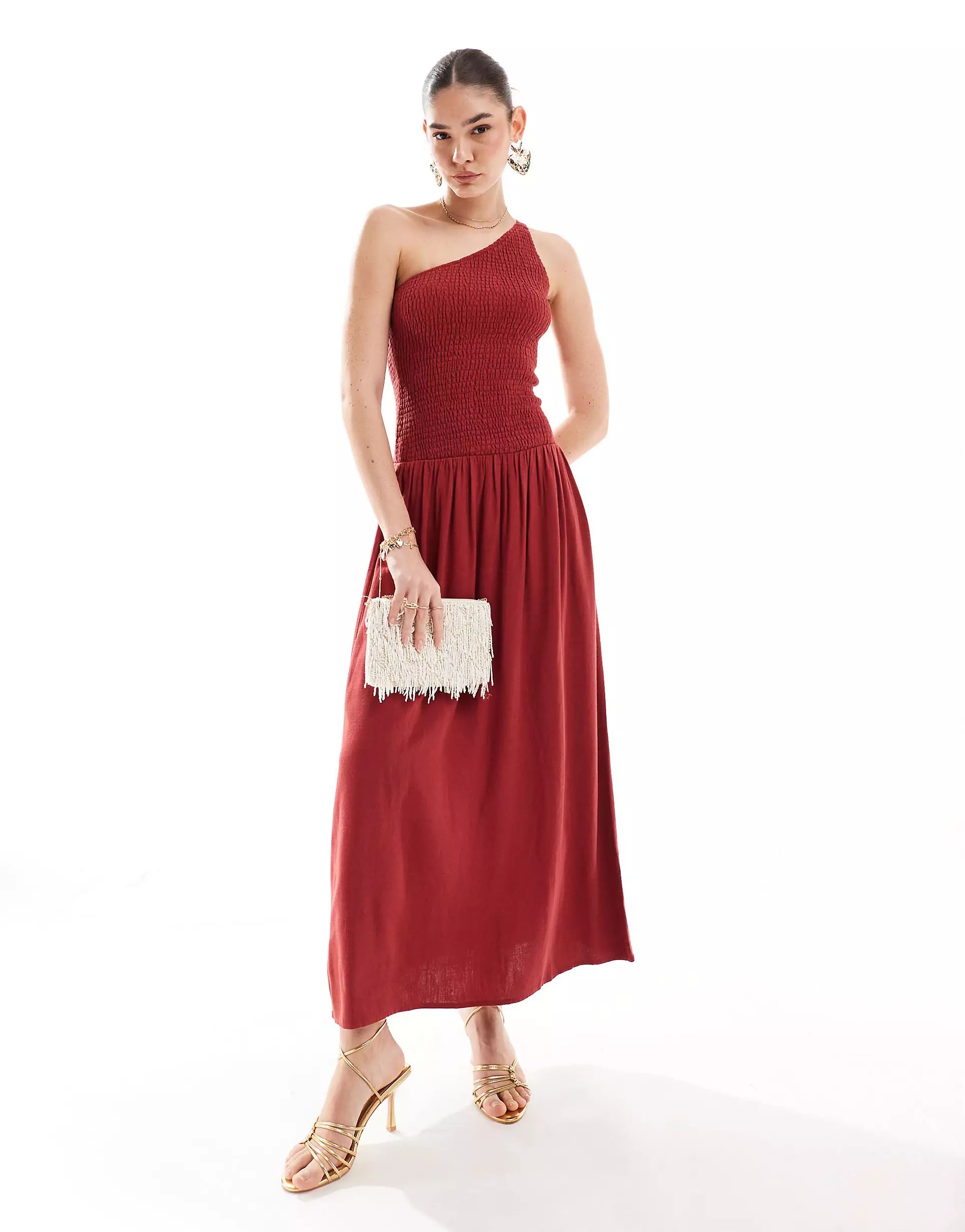 4th & Reckless linen mix shirred one shoulder drop waist maxi dress in washed red | ASOS (Global)
