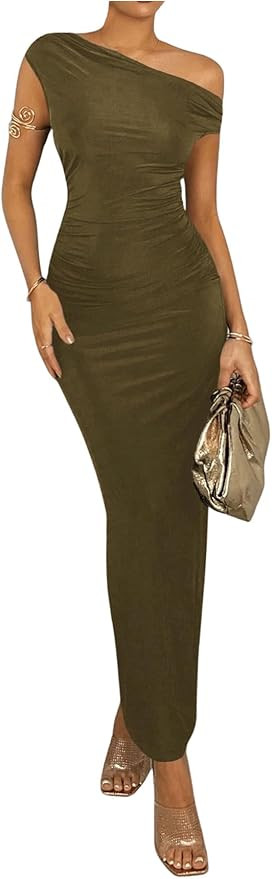 GORGLITTER Women's Asymmetrical Neck Ruched Bodycon Dress Slim One Shoulder Long Maxi Dresses | Amazon (US)