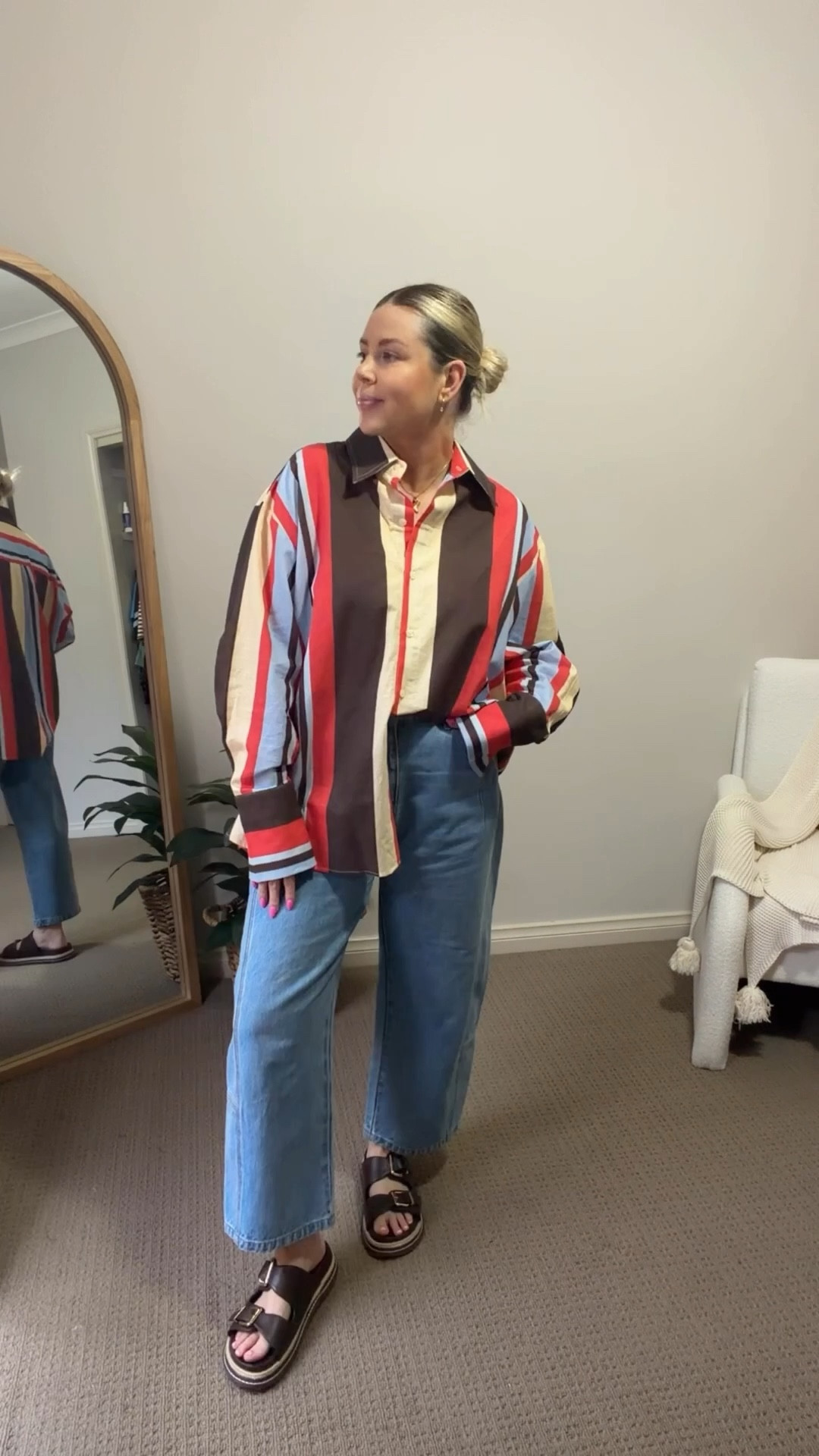 OOTD ✨  

Obsessed with this striped shirt — the colours shouldn’t work but somehow they just do 🤎  
Wearing my fave jeans + sandals as always  
*Shirt is coming back in April

#LTKautumn #LTKworkwear #LTKaustralia