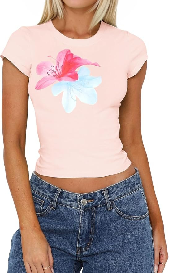 Women's Skinny Graphic Crop Top Flowers Print Short Sleeve Crewneck 80s 90s Vintage Summer Baby T... | Amazon (US)