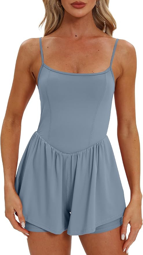 Beaully Women's Summer Sleeveless Athletic Rompers Spaghetti Strap Double Lined Shorts Jumpsuit O... | Amazon (US)