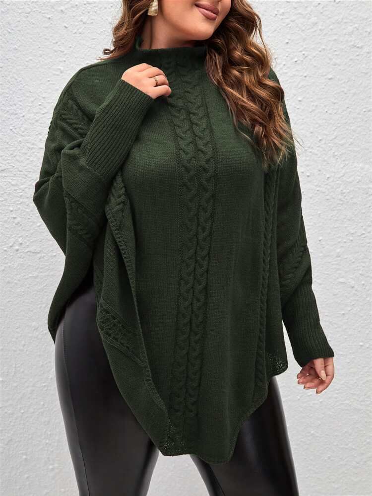 Plus Cable Knit Batwing Sleeve Ribbed Poncho | SHEIN