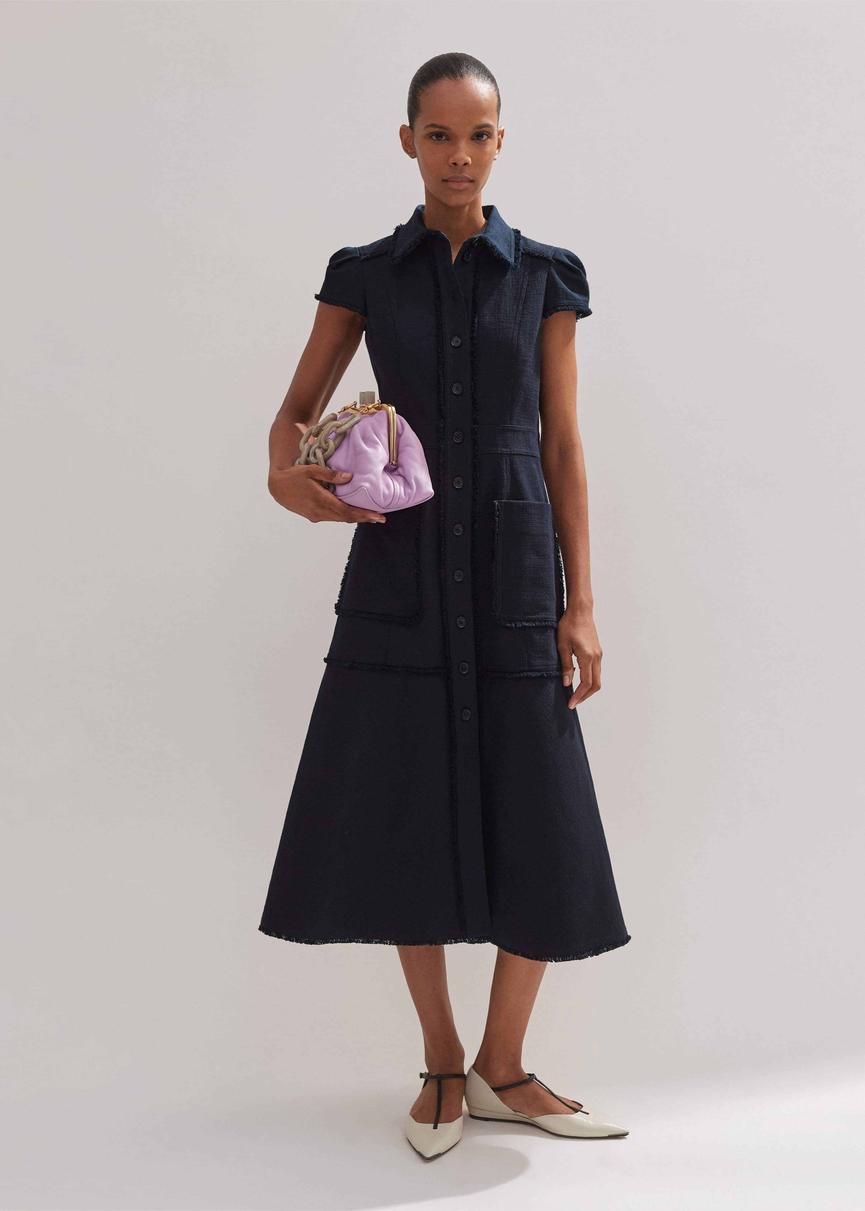 Women's Navy Cotton-Blend Fringed Midi Dress | ME+EM | ME+EM US