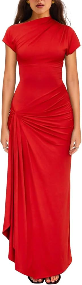 YMDUCH Women's Casual Short Sleeve Boat Neck Ruched High Split Bodycon Long Party Dress | Amazon (US)