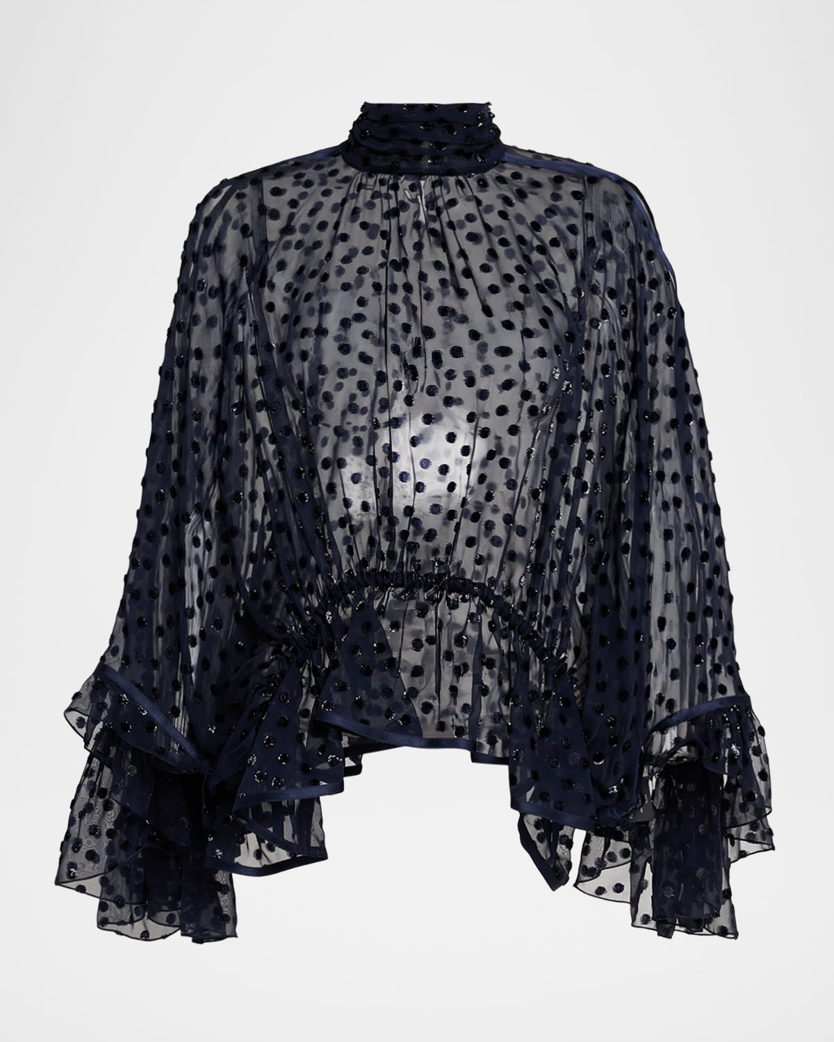 Polka Dot Sheer High-Neck Peplum Blouse | Neiman Marcus