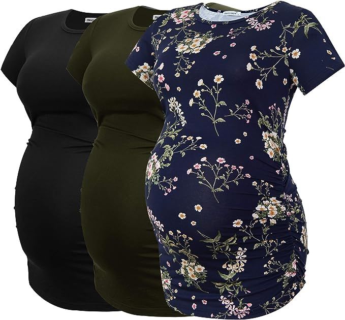Smallshow Women's Maternity Shirt Side Ruched Tunic Pregnancy Top Clothes 3-Pack | Amazon (US)