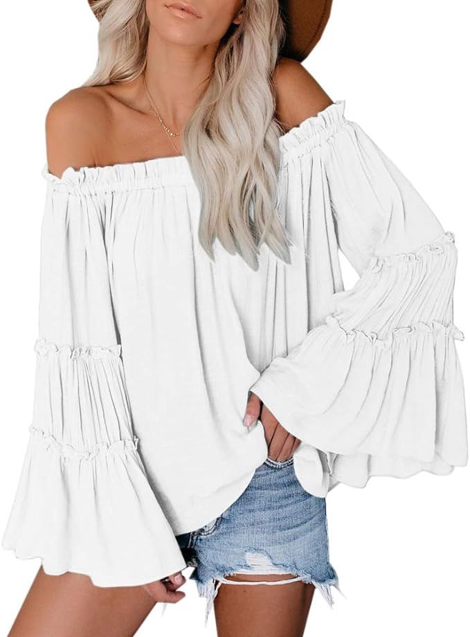 Womens Off The Shoulder Long Bell Sleeve Tops Flared Casual Loose Blouse | Amazon (US)