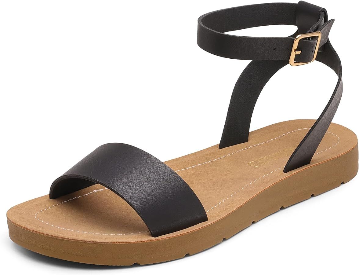 DREAM PAIRS Women’s One Band Ankle Strap Buckle Flat Sandals | Amazon (US)