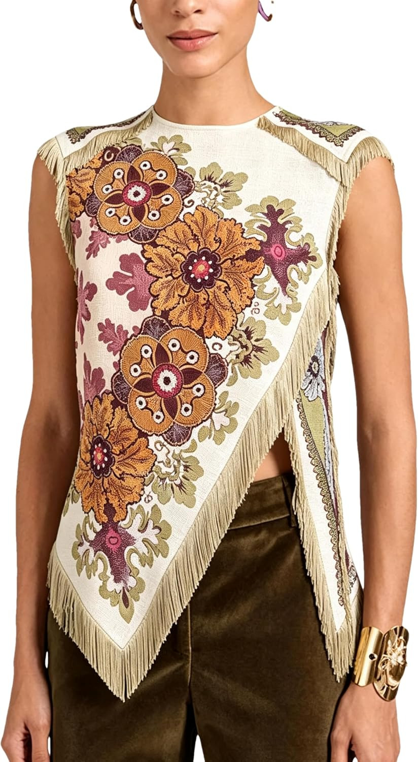Womens Floral Scarf Top Summer Sleeveless Fringe Tassel Tops | Amazon (US)