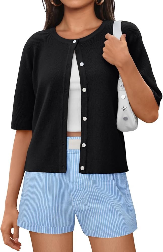 LILLUSORY Short Sleeve Cardigan Sweaters for Women 2025 Summer Cropped Button Up Sweater Tops Cas... | Amazon (US)