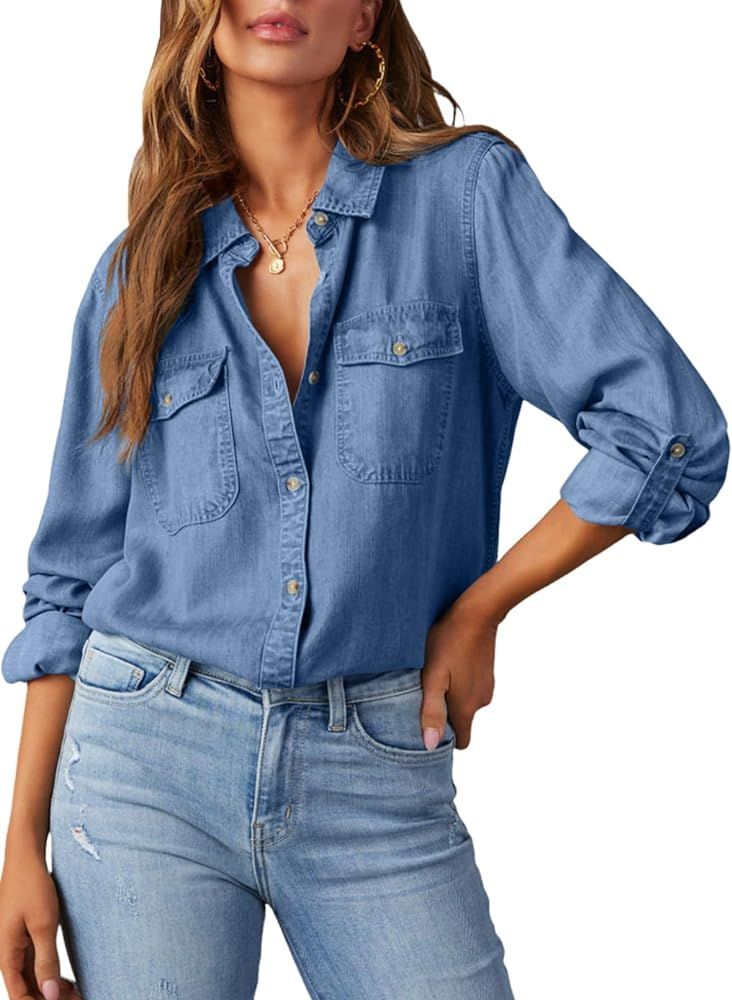 Astylish Women Button Down Denim Shirt Casual Long Sleeve V Neck Chambray Blouse Tops | Amazon (US)