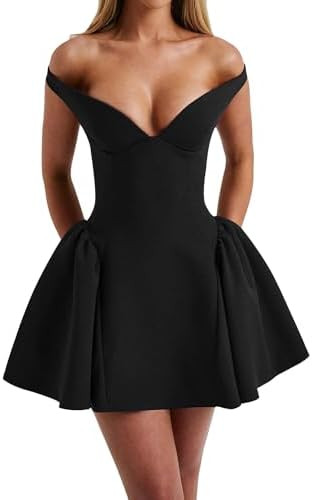 Azhong Women's Summer Sexy V Neck Off Shoulder Wedding Mini Dresses Backless A Line Puffy Hem Pro... | Amazon (US)