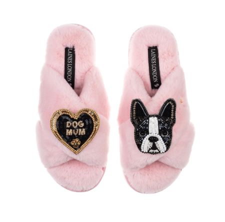 Classic Laines Slippers With Buddy The Boston Terrier & Dog Mum Brooches - Pink.

#LTKfindsunder100 #LTKGiftGuide