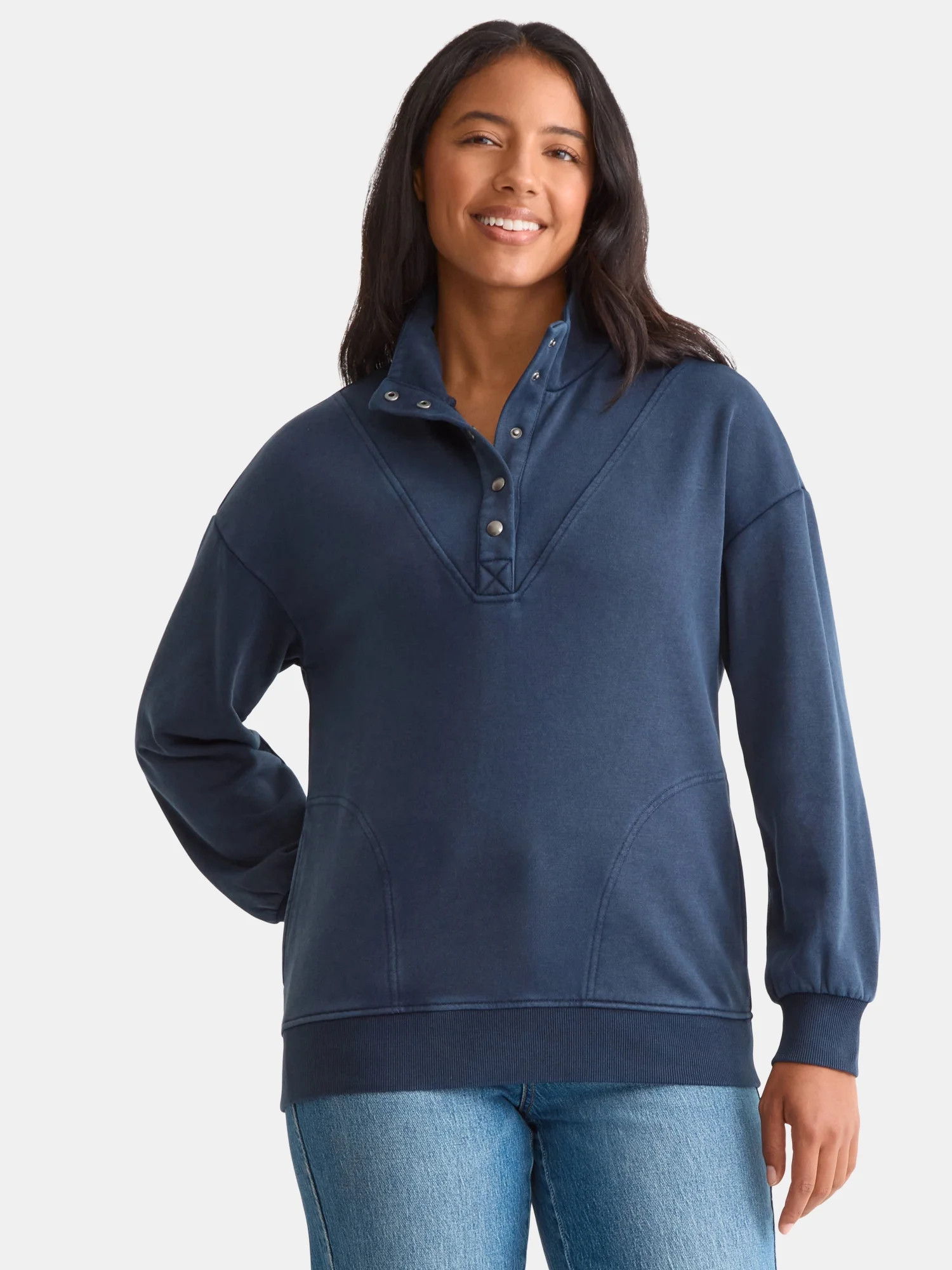 Time and Tru Women's Fashion Terry Snap Sweatshirt, Sizes XS-XXXL | Walmart (US)