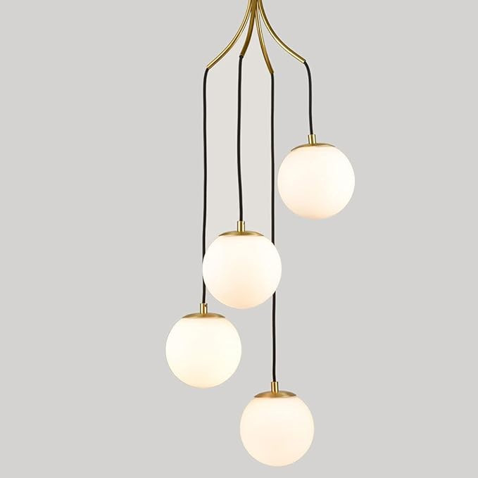 Mid Century Modern Pendant Lighting 4-Light Globe Chandeliers White Opal Glass Shade Brass | Amazon (US)