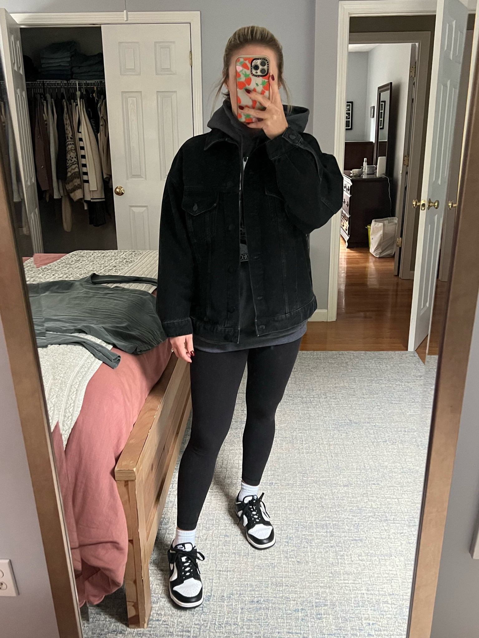 Comfy fall outfit with a black jean jacket and nike dunks! Love this crew socks with this outfit 

#LTKStyleTip #LTKWorkwear #LTKU