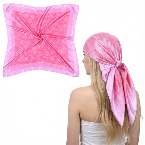 DOPENSPI Square Pink Head Scarf, 35in Polyester Hair Scarf Flower Bandana Satin Silk Hair Wrap Neck Scarves(Pink) | Amazon (US)